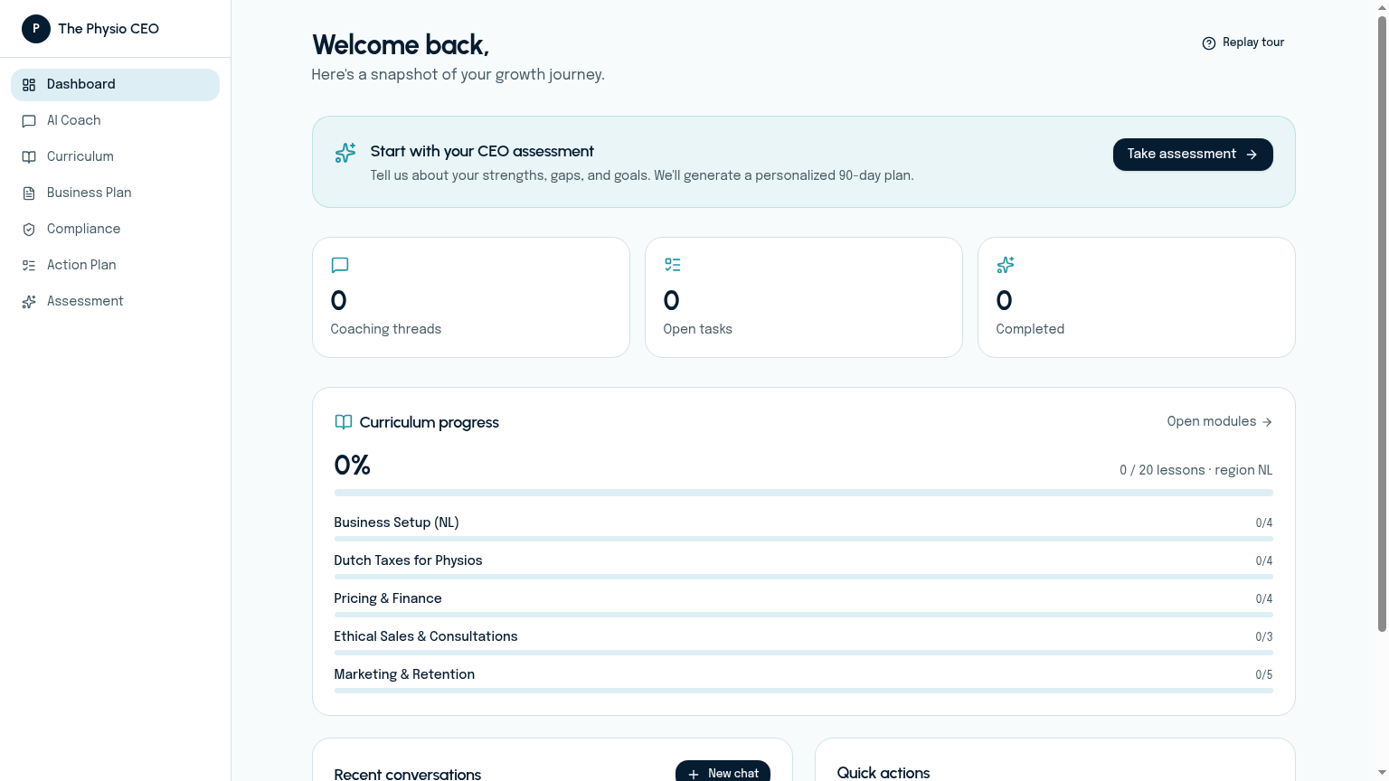 The Physio CEO dashboard showing the CEO assessment prompt, coaching threads, tasks and curriculum progress across five modules.