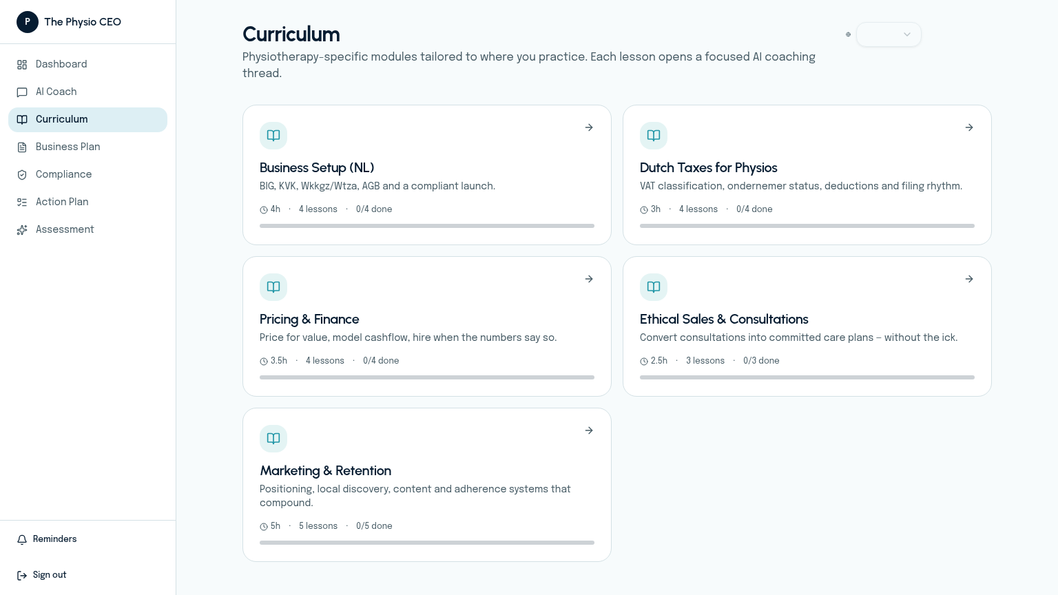 Curriculum overview with five modules: Business Setup, Dutch Taxes, Pricing & Finance, Ethical Sales, and Marketing & Retention.